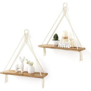 Macrame Hanging Shelves Boho Wall Decor Set of 2 Rustic Floating Storage Shelf